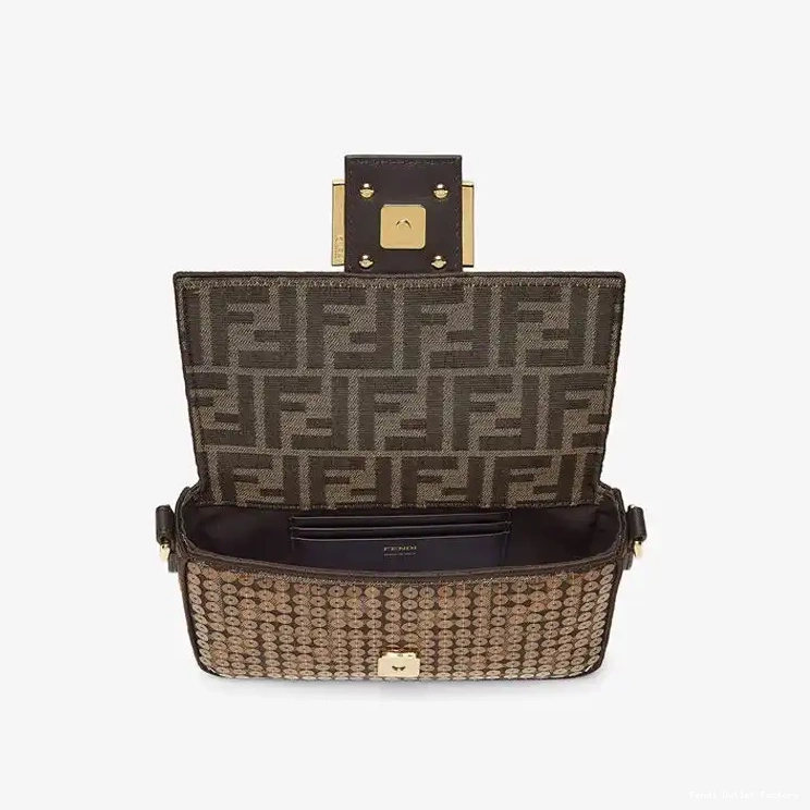 Cheap HOT Sequins Fabric Motif Fendi FF Baguette with Bag Brown Mini In 0522